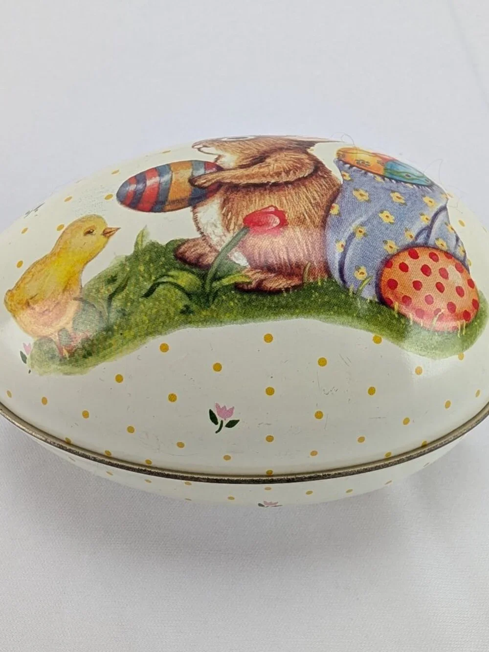 Vintage Egg Shaped Metal Tin Easter Bunny Chick Eggs Spring Decor 5